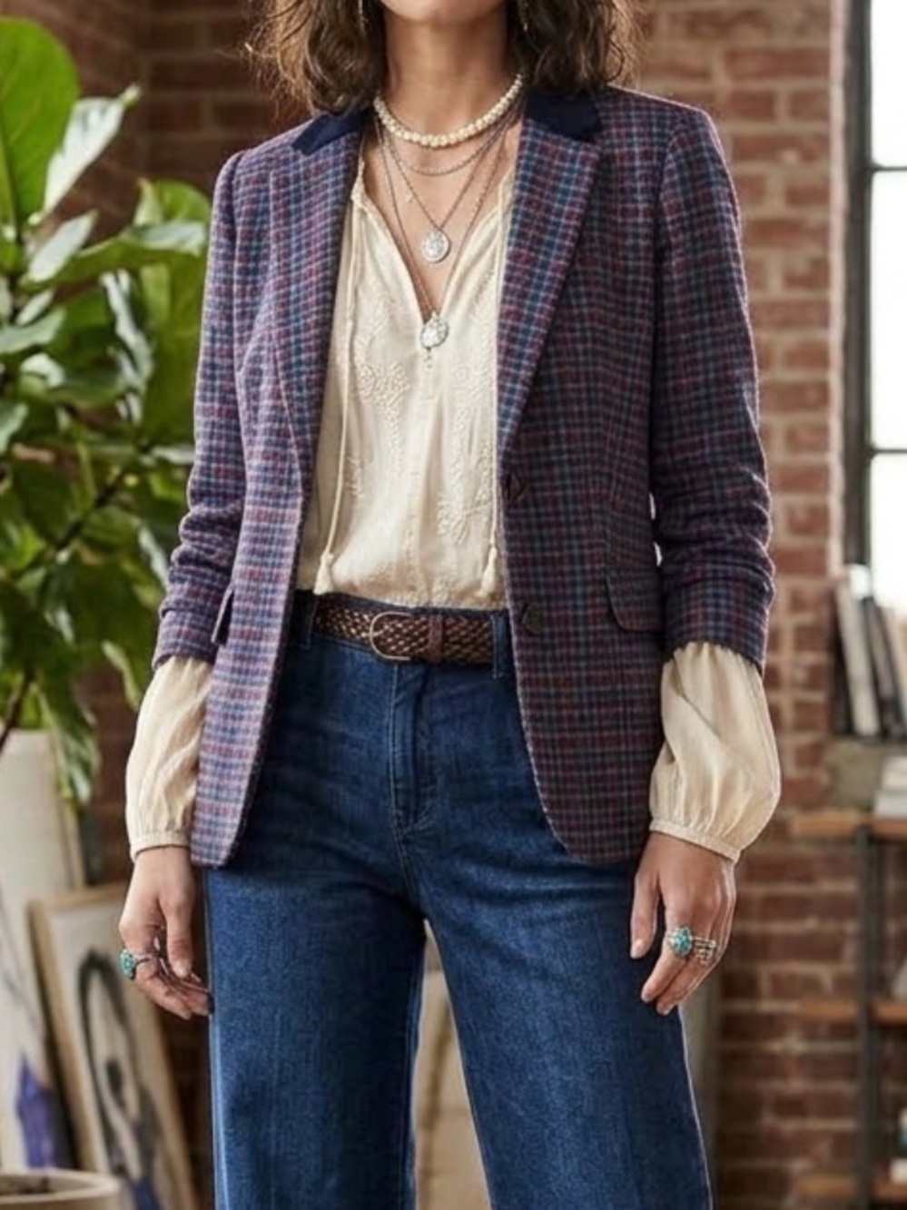 Talbots wool multi plaid Tweed  Blazer Multicolor blue velvet trim formal profes